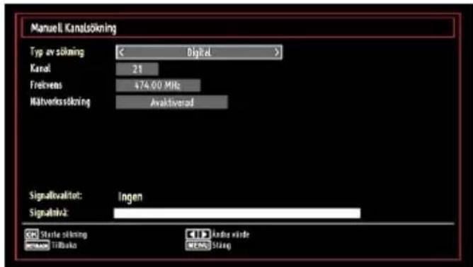 Manuell Kanalsbörning Typ av sökning < Digital > Kanal 21 Freality 474.00 MHz Mälteverkssbörning Avaktiverad Signalkvalitot: Ingen Signalmk: Starte sökning Tilbusko Andne värde MEINS Stäng