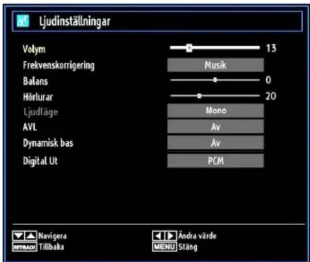 Ljudinställningar Volym 13 Frekvenskorrigering Musik Balans 0 Hörlurar 20 Ljudläge Mono AVL Av Dynamisk bas Av Digital Ut PCM Navigera Tillbaka Ändra värde MENU Stäng