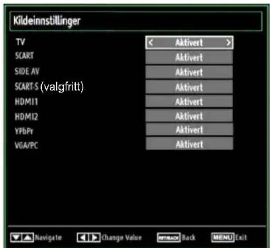 Kildeinnstillinger TV SCART SIDE AV SCART-S (valgfritt) HDMI1 HDMI2 YPbPr VGA/PC < Aktivert > Aktivert Aktivert Aktivert Aktivert Aktivert Aktivert Aktivert Aktivert Aktivert Navigate Change Value Back MENU Exit