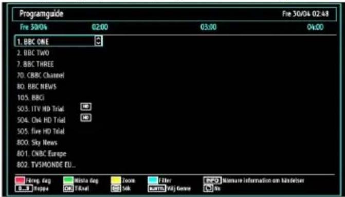 Programguide Fre 30/04 02:48 Fre 30/04 02:00 03:00 04:00 1. BBC ONE 2. BBC TWO 7. BBC THREE 70. CBBC Channel 80. BBC NEWS 105. BBGI 503. ITV HD Trial 504. On4 HD Trial 505. five HD Trial 800. Sky News 801. CNBC Europe 802. TV5MONDE EU... Fidwvg. deg Wistar deg Zoom Filter INFO Measure information on modelseter 0...T Ropee OK Tikvel Sok Saarfs Vrijr Genre So