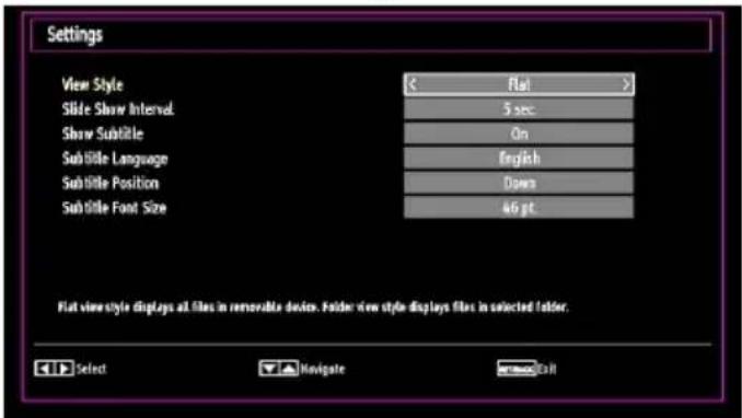 Settings View Style Slide Show Interval Show Subtitle Subtitle Language Subtitle Position Subtitle Font Size flat flat 5 sec On English Down 46 pt Flat view style displays all files in removable device. Folder view style displays files in selected folder. Select Navigate Call