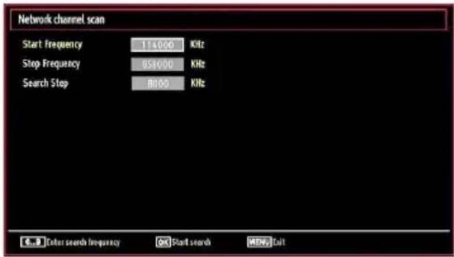 Network channel scan Start Frequency 114000 KHz Stop Frequency BS4600 KHz Search Stop B000 KHz Color search frequency OK Start search MENU Volt
