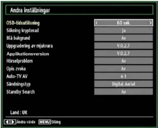 Andra inställningar OSD-tidsutlösning Sökning krypterad Blå bakgrund Uppgradering av mjukvara Applikationsversion Hörselproblem Opis zvoka Auto-TV AV Sändningstyp Standby Search 60 sek. Ja Av V.0.2.7 V.0.2.7 Av Av 4 t Digital Aerial Av Land : UK Andra värde MENU Stäng