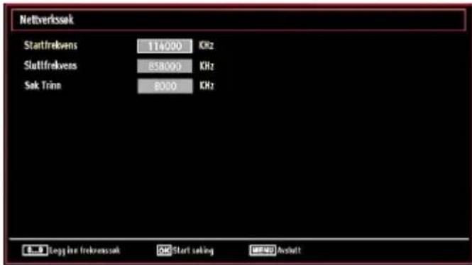 Netberkssak Startfrekvens 114000 KHz Slattfrekvens 858000 KHz Sek Trinn 8000 KHz Logglin frekressak OKStart setting MENU Avsult