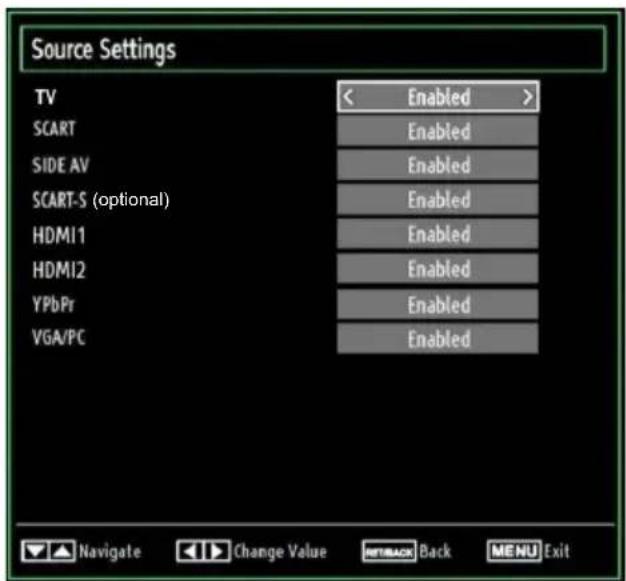 Source Settings TV < Enabled > SCART Enabled SIDE AV Enabled SCART-S (optional) Enabled HDMI1 Enabled HDMI2 Enabled YPbPr Enabled VGA/PC Enabled Navigate Change Value Back MENU Exit