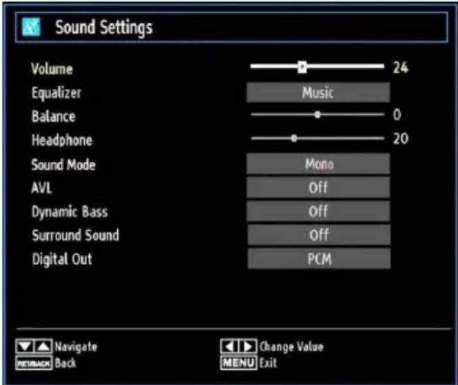 Sound Settings Volume 24 Equalizer Music Balance 0 Headphone 20 Sound Mode Mono AVL Off Dynamic Bass Off Surround Sound Off Digital Out PCM Navigate Back Change Value MENU Exit