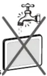 Safety warning symbol showing a faucet above a monitor with crossed-out lines indicating prohibition or exclusion.