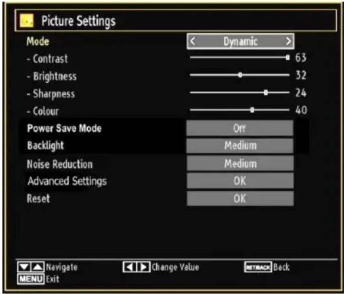 Picture Settings Mode - Contrast - Brightness - Sharpness - Colour Power Save Mode Backlight Noise Reduction Advanced Settings Reset Dynamic 63 32 24 40 Off Medium Medium OK OK