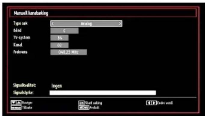 Manuell landseking Type sek Kand TV-system Kernel Frekvers Analog 66 02 048.25 MHz Signalkvalitet: Ingen Signalsbyke: Navigator Tibale Start seeking MEN Avdutt Endre verdi