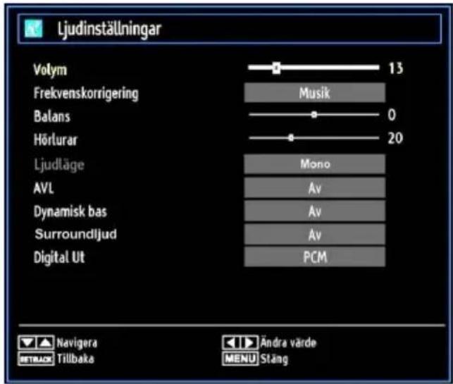Ljudinställningar Volym 13 Frekvenskorrigering Musik Balans 0 Hörlurar 20 Ljudläge Mono AVL Av Dynamisk bas Av Surroundljud Av Digital Ut PCM Navigera Andra värde STBACK Tillbaka MENU Stäng