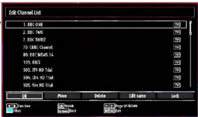 Edit Channel List 1. BBC ONE 2. BBC TWO 7. BBC THREE 70. CBBC Channel 80. BBC NEWS 24 105. BBG 503. ITV HD Trial 504. Chs HD Trial 505. fire HD Trial OK Move Delete Edit name Lock Function Cancel Watch Cancel Page UP/DOWN Filter Search Back MENU Event