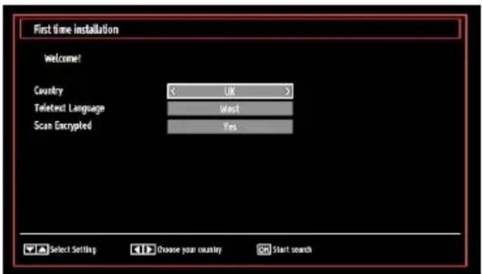 First time installation Welcome Country UK Teletect Language West Scan Encrypted Yes Select Setting Choose your country Start search