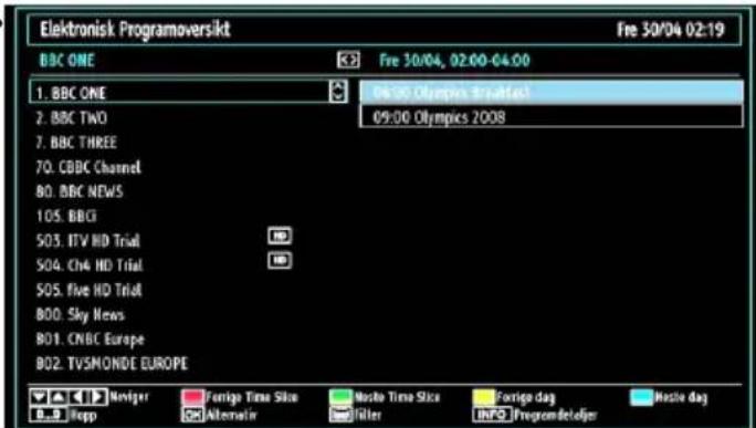 Elektronisk Programoversikt BBC ONE Fre 30/04, 02:00-04:00 1. BBC ONE 06:00 Olympics Trafal 2. BBC TWO 09:00 Olympics 2008 7. BBC THREE 7Q. CBBC Channel 80. BBC NEWS 105. BBGI 503. ITV HD Trial 504. CH4 HD Trial 505. Five HD Trial 800. Sky News 801. CNBC Europe 802. TVSMONDE EUROPE Navigator Foreign Time Slice Multiple Time Slice Foreign dag Mostle dag Alternative Filler INFO Programdelogter
