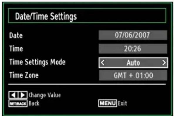 Date/Time Settings Date 07/06/2007 Time 20:26 Time Settings Mode < Auto > Time Zone GMT + 01:00 Change Value RETBACK Back MENU Exit