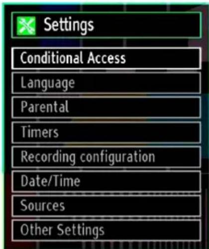 Settings Conditional Access Language Parental Timers Recording configuration Date/Time Sources Other Settings