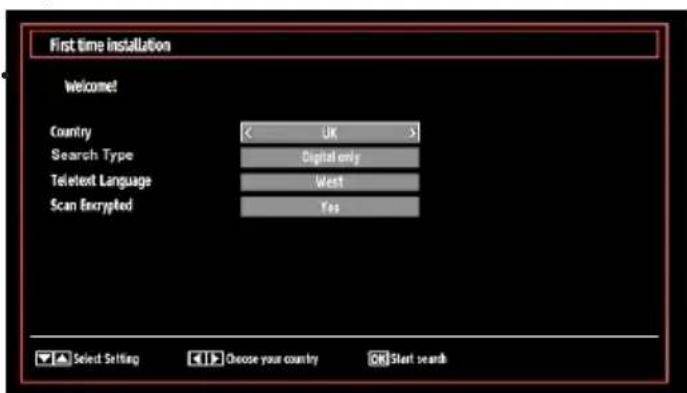 First time installation Welcome! Country < UK > Search Type Digital only Teletext Language West Scan Encrypted Yes Select Setting Choose your country CR Start search