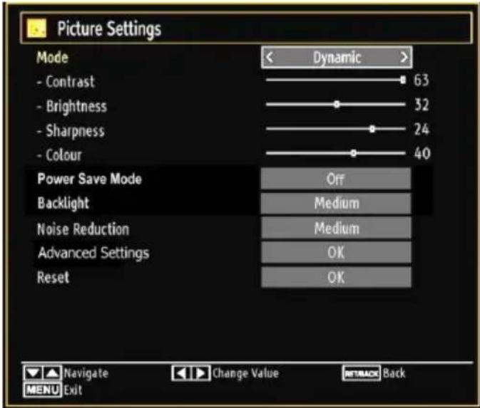 Picture Settings Mode - Contrast - Brightness - Sharpness - Colour Power Save Mode Backlight Noise Reduction Advanced Settings Reset < Dynamic > 63 32 24 40 Off Medium Medium OK OK Navigate Change Value RETRACK Back MENU Exit