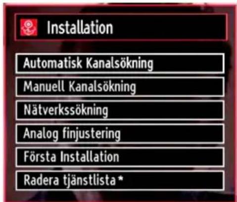 Installation Automatisk Kanalsökning Manuell Kanalsökning Nätverkssökning Analog finjustering Första Installation Radera tjänstlista *