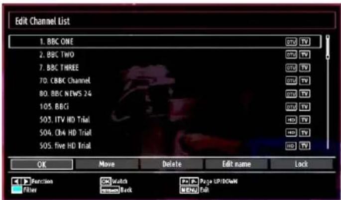 Edit Channel List 1. BBC ONE 2. BBC TWO 7. BBC THREE 70. CBBC Channel 80. BBC NEWS 24 105. BBCi 505. ITV HD Trial 504. Ch4 HD Trial 505. five HD Trial OK Move Delete Edit name Lock Function SK Watch Po P: Page UP/DCM Filter Back Menu Edit