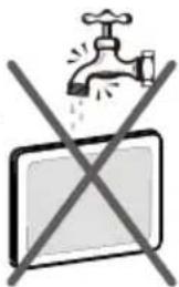 Safety warning symbol showing a faucet above a monitor with crossed-out lines indicating prohibition or exclusion.