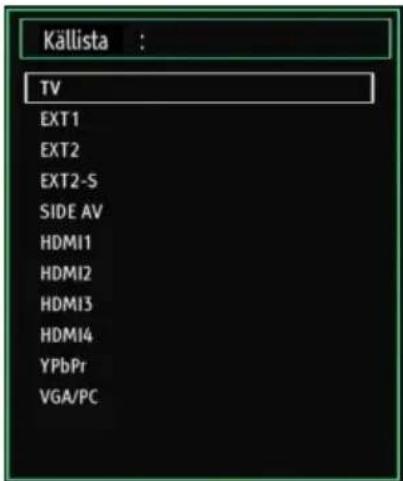 Källista : TV EXT1 EXT2 EXT2-S SIDE AV HDMI1 HDMI2 HDMI3 HDMI4 YPbPr VGA/PC