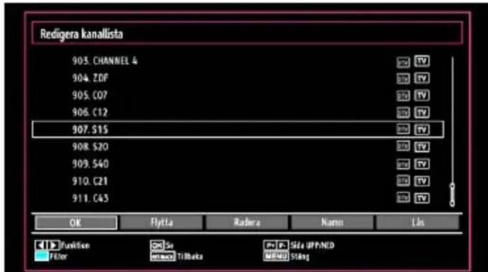 Redigera kanallista 903. CHANNEL 4 904. ZDF 905. C07 906. C12 907. S15 908. S20 909. S40 910. C21 911. C43 OK Flytta Radora Namn Link Function Sir P-Side OPPNED Filter ### Tilbeta ### String