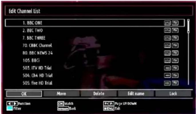 Edit Channel List 1. BBC ONE 2. BBC TWO 7. BBC THREE 70. CBBC Channel 80. BBC NEWS 24 105. BBCI 503. ITV HD Trial 504. DM HD Trial 505. five HD Trial OK Move Delete Edit name Lock Function SK Watch F+ F- Page UP/DOWN Fillers Back Menu Fill