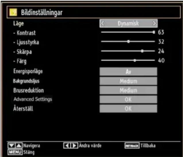 Bildinställningar Läge - Kontrast - Ljusstyrka - Skärpa - Färg Energisporläge Bakgrundsljus Brusreduktion Advanced Settings Äterställ Dynamisk 63 32 24 40 Av Medium Medium OK OK