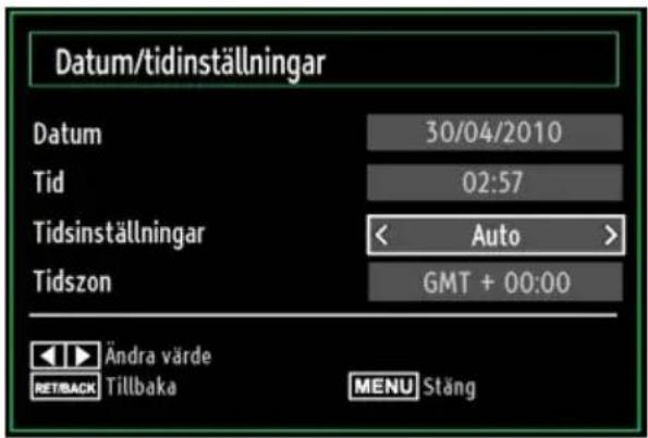 Datum/tidinställningar Datum 30/04/2010 Tid 02:57 Tidsinställningar < Auto > Tidszon GMT + 00:00 Ändra värde RETBACK Tillbaka MENU Stäng