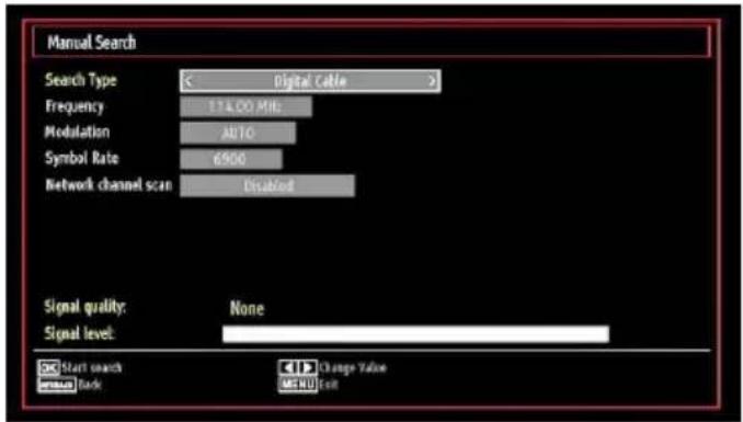Manual Search Search Type Digital Cable Frequency 174.00 MHz Modulation AUTO Symbol Rate 6900 Network channel scan Disabled Signal quality: None Signal level: Start search Back Change Value MENU Exit
