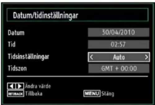 Datum/tidinställningar Datum 30/04/2010 Tid 02:57 Tidsinställningar < Auto > Tidszon GMT + 00:00 Ändra värde RETRACK Tillbaka MENU Stäng