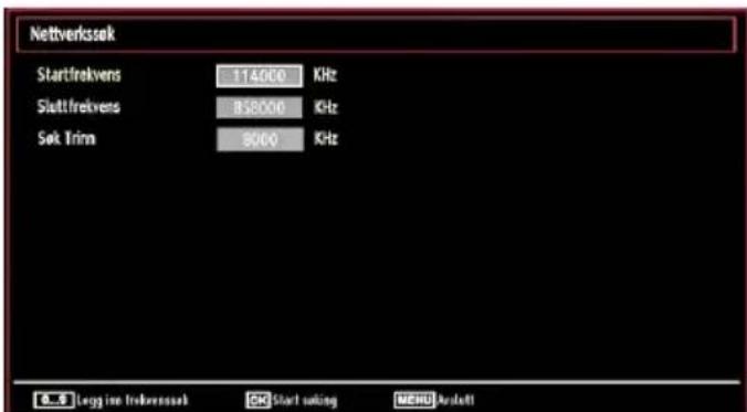 Nettverkssek Startfrekvens 114000 KHz Slattfrekvens 858000 KHz Søk Trinn 9000 KHz 6.5 Legg ien frekvenssak 50 Start setting MENU Arslutt