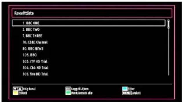 FavoriteListe 1. BBC ONE 2. BBC TWO 7. BBC THREE 70. CBC Channel 80. BBC NEWS 105. BBC 503. ITV HD Trial 504. CH4 HD Trial 505. five HD Trial