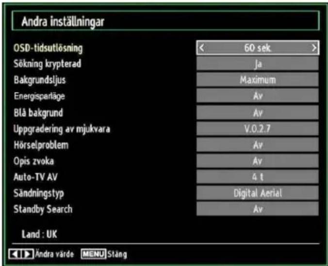 Andra inställningar OSD-tidsutlösning Sökning krypterad Bakgrundsljus Energisparläge Blå bakgrund Uppgradering av mjukvara Hörselproblem Opis zvoka Auto-TV AV Sändningstyp Standby Search Land : UK 60 sek Ja Maximum Av Av V.0.2.7 Av Av 4 t Digital Aerial Av