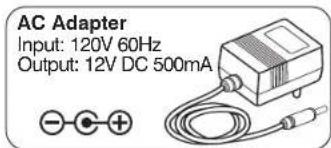 AC Adapter Input: 120V 60Hz Output: 12V DC 500mA