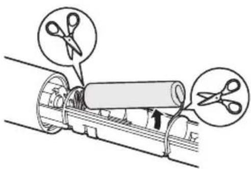 Diagram illustrating a sewing process with scissors cutting and lifting a cable, showing mechanical components and directional arrows.