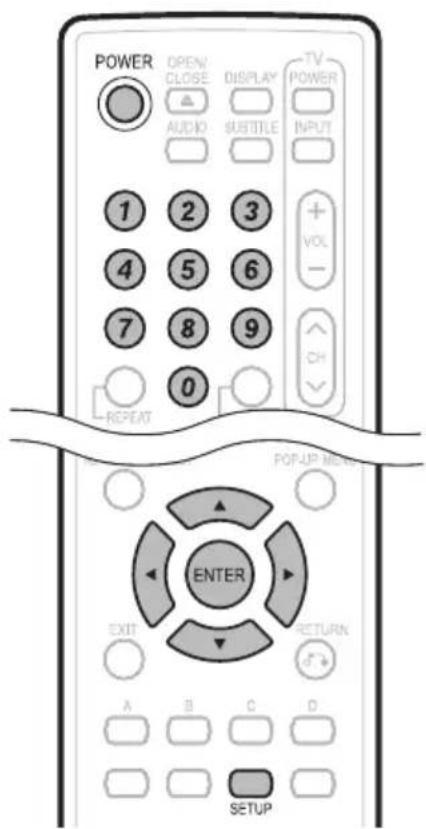 POWER OPEN/ CLOSE DISPLAY TV POWER AUDIO SUBTITLE INPUT 1 2 3 + VOL - 4 5 6 7 8 9 0 - REPEAT CH POPUP MENU ENTER EXIT RETURN A B C D SETUP