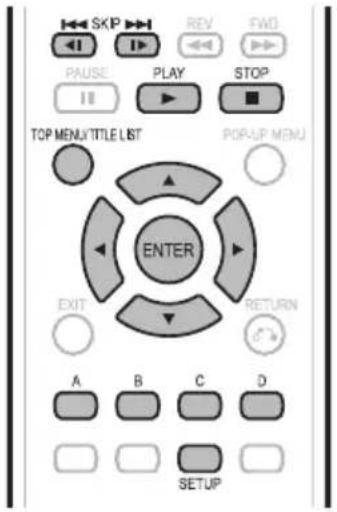 SKIP REV FWD PAUSE PLAY STOP TOP MENU/TITLE LIST POPUP MENU ENTER EXIT RETURN A B C D SETUP