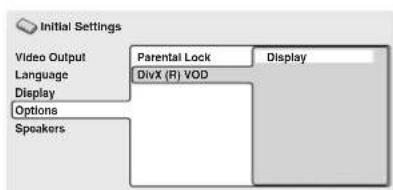 Initial Settings Video Output Language Display Options Speakers Parental Lock DivX (R) VOD Display