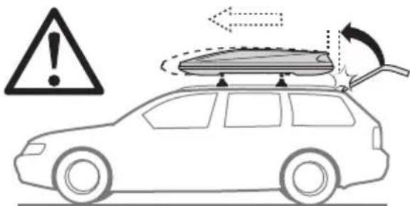 Diagram illustrating car safety warning with warning symbol, roof-mounted device, and directional arrows indicating collision or movement.