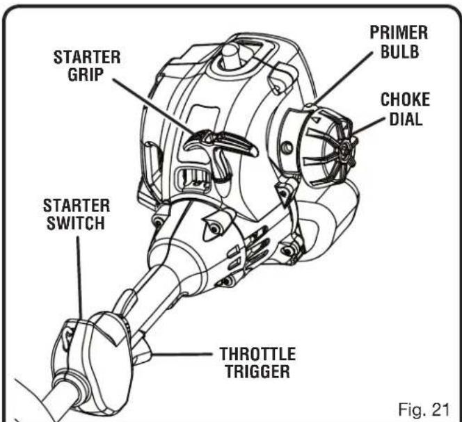 STARTER GRIP STARTER SWITCH PRIMER BULB CHOKE DIAL THROTTLE TRIGGER Fig. 21