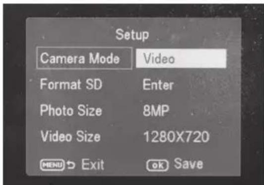 Setup Camera Mode Video Format SD Enter Photo Size 8MP Video Size 1280X720 MENU Exit OK Save