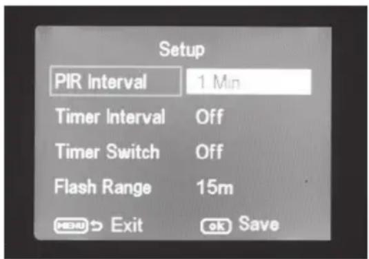 Setup PIR Interval 1 Min Timer Interval Off Timer Switch Off Flash Range 15m MENU ➕ Exit OK Save