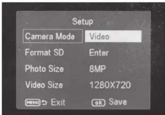 Setup Camera Mode Video Format SD Enter Photo Size 8MP Video Size 1280X720 MENU Exit OK Save