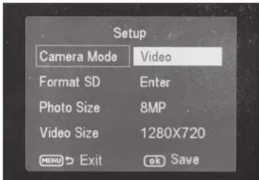 Setup Camera Mode Video Format SD Enter Photo Size 8MP Video Size 1280X720 MENU Exit OK Save