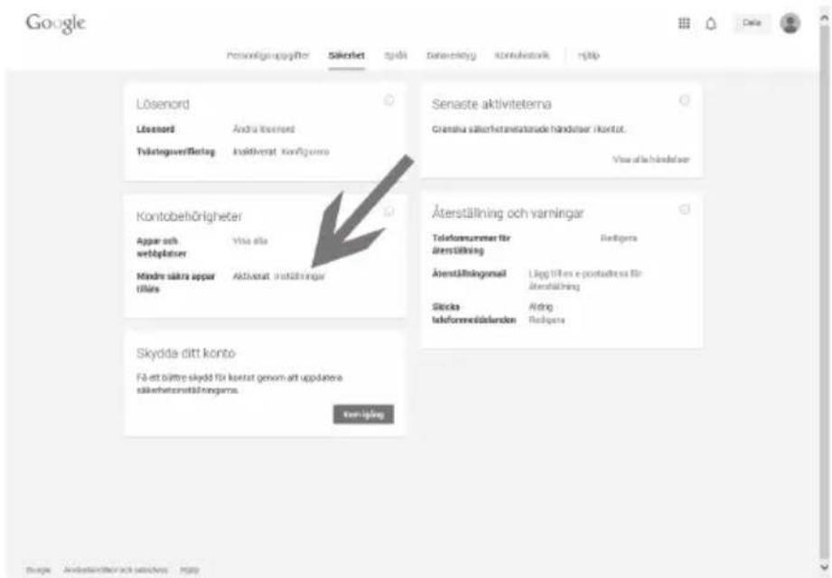 Google Personstige uppgifter Säkerhet sjäk Date:erligg kontekonik njlp Lösenord Lösenord Andra lösenord Tvårtogverflåring Inaktivrat Konfiguero Senaste aktiviteterna Grenshu säkerhetansländade håndelsar Kontot. Visa af och håndelsar Kontobehörigheter Appar och webplåser Visa eller Måndre säktra appar tillårs Aktivrat, inaktällningar Återställning och varningar Telefonnummer för återställning Bedigera Återställingsmail Ljög tillens e postadress för återställning Säcka Aldrig telefonmedslarsden Bedigera Skydda ditt konto Få ett fötte skydd för kontat genom att uppdåne säkerhetansländungsna. Vorliging Thurs. Anbindenter och senstres Hsj