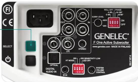FI CE SELECT R OUT L IN R SUBW LEVEL MAX MIN ROLL OFF -4 dB -2 dB PHASE 0-180° 0-90° ON OFF GENELEC® F One Active Subwoofer www.genelec.com MADE IN FINLAND COVVAL LFE STEREO OPTICAL DIGITAL AUDIO IN ISS SENSITIVITY LOW HT MODE LED OFF IR IN 1:2:3.4 SYSTEM VOLUME CONTROL 236-FIHT-6