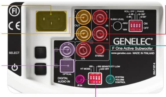 F CE SELECT GENELEC® F One Active Subwoofer www.genelec.com MADE IN FINLAND 200 V 457-8 R L OUT IN SUBW LEVEL MAX MIN ROLL OFF -4 dB -2 dB PHASE -51-80° -90° ON OFF STEREO LPE OPTICAL DIGITAL AUDIO IN IRN ISS SENSIT/ITY LOW HT MORE LED OFF SYSTEM VOLUME CONTROL