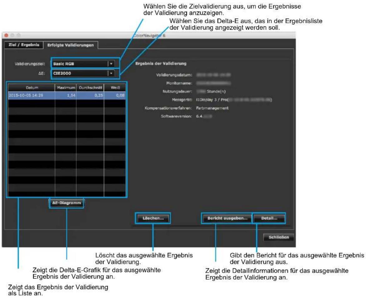 Ziel / Ergebnis Erfolgte Validierungen Validierungsziel: Basic RGB ΔE: CIE2000 Datum Maximum Durchschnitt Weiß 2015-10-05 14:29 1,54 0,25 0,08 ΔE-Diagramm Löscht das ausgewählte Ergebnis der Validierung. Zeigt die Delta-E-Grafik für das ausgewählte Ergebnis der Validierung an. Zeigt das Ergebnis der Validierung als Liste an. Wählen Sie die Zielvalidierung aus, um die Ergebnisse der Validierung anzuzeigen. Wählen Sie das Delta-E aus, das in der Ergebnisliste der Validierung angezeigt werden soll. Ergebnis der Validierung Validierungsdatum: Monitorname: Nutzungsdauer: Stunde(n) Messgerät: 11Display 3 / Pro( Kompensationsverfahren: Farbmanagement Softwareversion: 6.4 Löschen... Bericht ausgeben... Detall... Gibt den Bericht für das ausgewählte Ergebnis der Validierung aus. Zeigt die Detailinformationen für das ausgewählte Ergebnis der Validierung an. Schließen