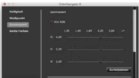 ColorNavigator 6 Helligkeit Weißpunkt Gammawert Sechs Farben Gammawert ✓ Alle RGB 1,00 1,40 1,80 2,20 2,60 L* R: 2,20 G: 2,20 B: 2,20 Zurücksetzen